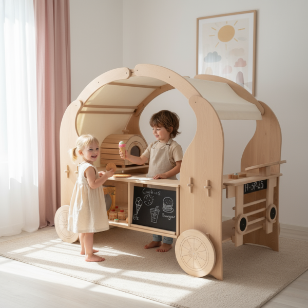 Kinder Foodtruck aus Holz im hellen Kinderzimmer mit Fenster, Vorhängen und Teppich, zwei Kinder spielen Verkäufer und Kunde. Kinder Foodtruck aus Holz im hellen Kinderzimmer mit Fenster, Vorhängen und Teppich, zwei Kinder spielen Verkäufer und Kunde.