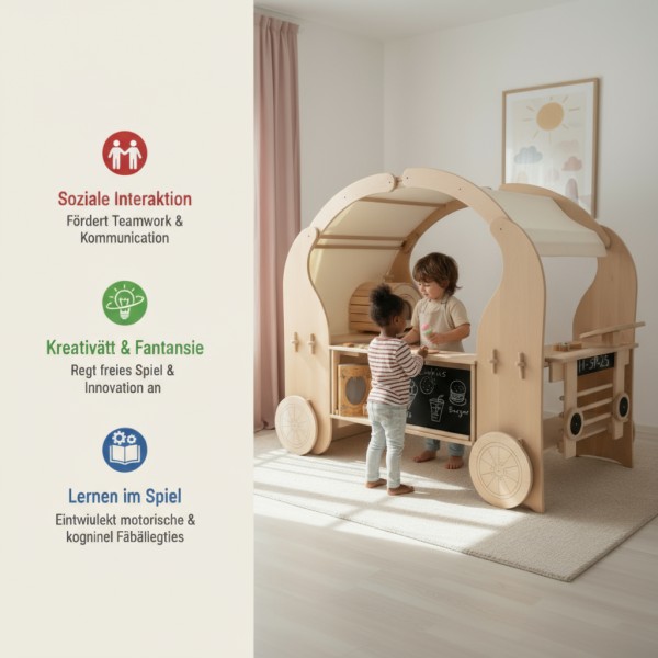 Kinder Foodtruck aus Holz mit Infografik in Peitz-Logo-Farben, drei Kinder spielen Verkäufer und Kunde, kein Pfeil-Design. Kinder Foodtruck aus Holz mit Infografik in Peitz-Logo-Farben, drei Kinder spielen Verkäufer und Kunde, kein Pfeil-Design.