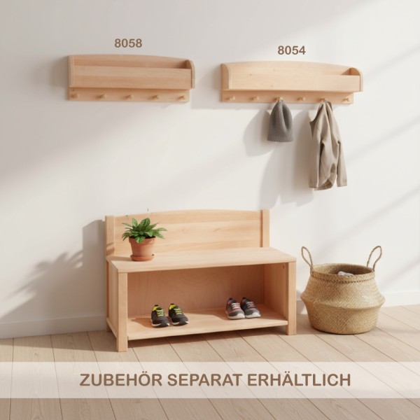 Kinder Sitzbank SIDNEY mit kleiner und großer Garderobe aus Erlenholz im warmen Familienflur, harmonisches Möbel-Set im Holzspielzeug Peitz Stil.