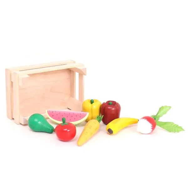 Spiellebensmittel Set aus Holz mit Stiege - 9-teilig - mit Obst und Gemüse