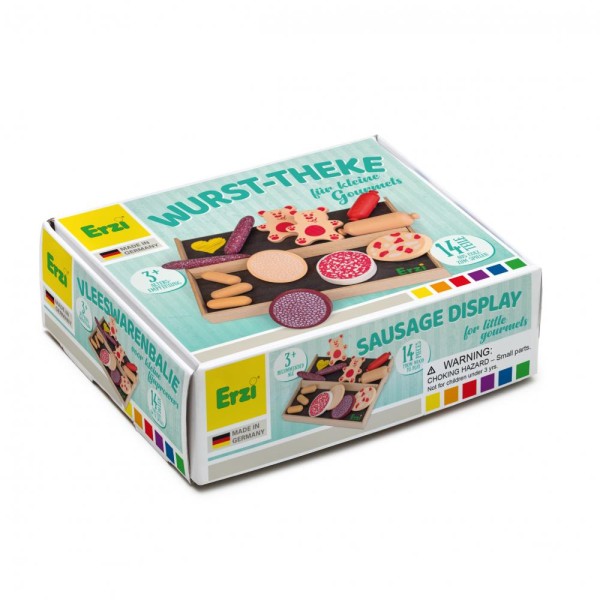 Erzi Wurst-Theke 14-teilig aus Holz in der Verpackung für Kaufladen