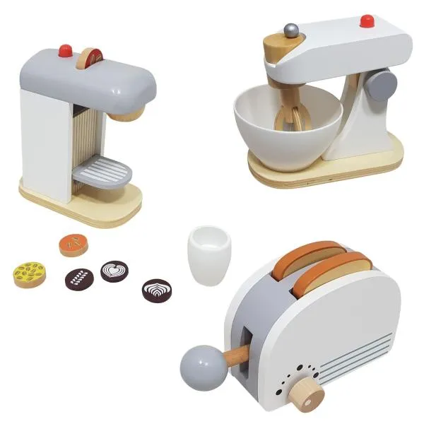 3er Kinder Küchengeräte Set aus Holz - 12-teilig - mit Toaster, Mixer, Kaffeemaschine und passendes Zubehör