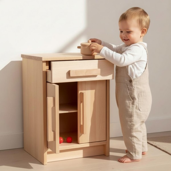 Kind spielt stehend mit Kinder Küchenschrank aus Buche Massivholz, öffnet Schublade und Tür und lernt spielerisch Ordnung