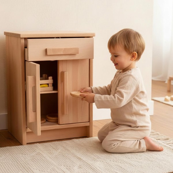 Kind kniet vor Kinder Küchenschrank aus Buche Massivholz und räumt Geschirr ein, fördert Selbstständigkeit und Rollenspiel