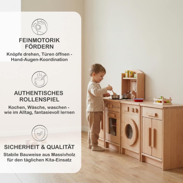 Pädagogische Kinderküchenzeile aus Holz unterstützt Kreativität, Motorik und soziales Rollenspiel im Alltag