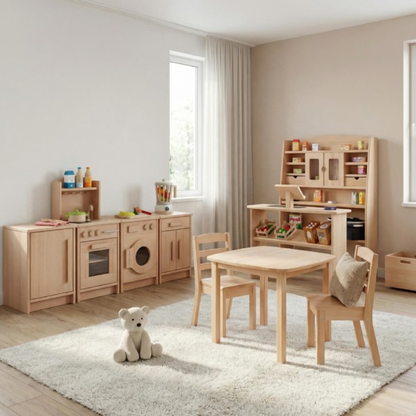 Kinder Küchenzeile aus Holz harmonisch integriert in Kinderzimmer oder Kita-Raum