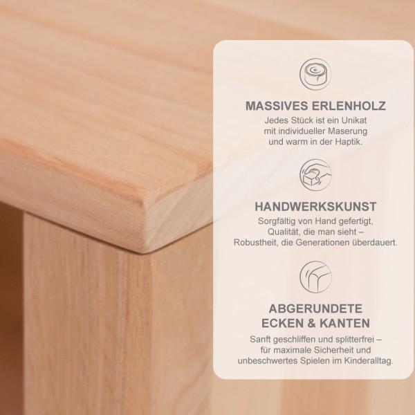 Detailaufnahme der Kinder Sitzbank SIDNEY aus massivem Erlenholz, Fokus auf die glatte Holzkante und fein sichtbare Maserung auf reinweißem Hintergrund.