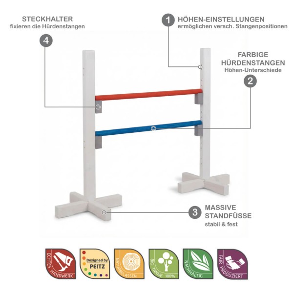 Kinder Springhürde aus Holz mit höhenverstellbaren Stangen und stabilen Standfüßen