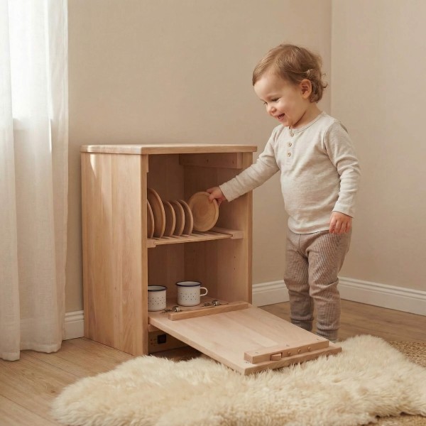 Kind spielt konzentriert mit einer Kinder Spülmaschine aus Holz – Montessori-inspiriertes Rollenspiel fördert Ordnung und Alltagsverständnis