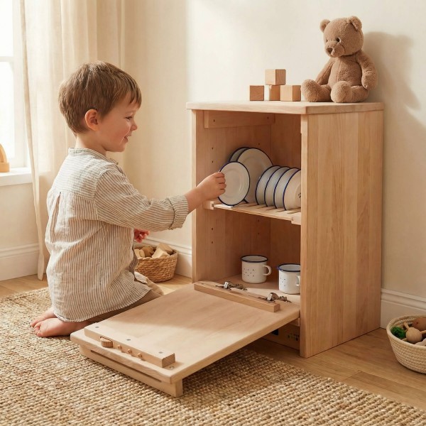 Kind räumt Geschirr in eine Kinder Spülmaschine aus massivem Buchenholz ein – spielerisches Lernen und selbstständiges Rollenspiel im Kinderzimmer