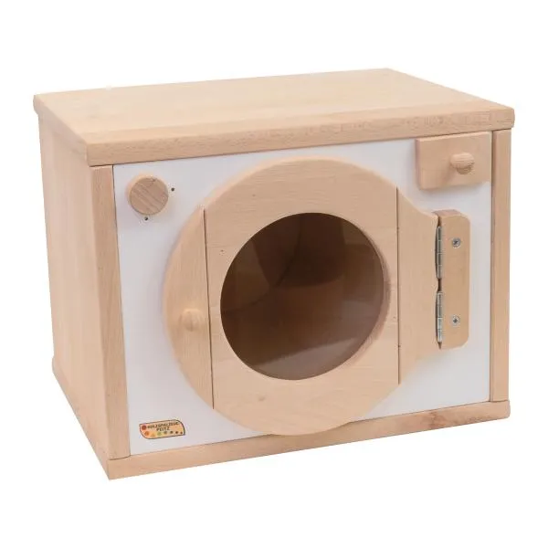 kinder-waschmaschine weiß-natur aus holz mit geschlossener tür kinder-waschmaschine weiß-natur aus holz mit geschlossener tür