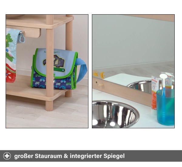 Kinder Waschtisch mit großem Stauraum und integriertem Spiegel