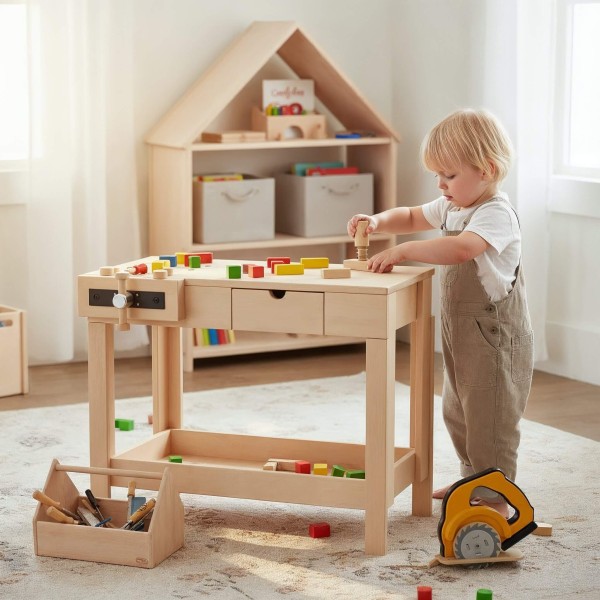 Werkbank für Kinder mit Schraubstock aus Massivholz