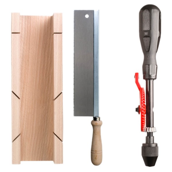 Kinderwerkzeug Set bestehend aus Handbohrmaschine und Gehrungsschneidlade mit Säge