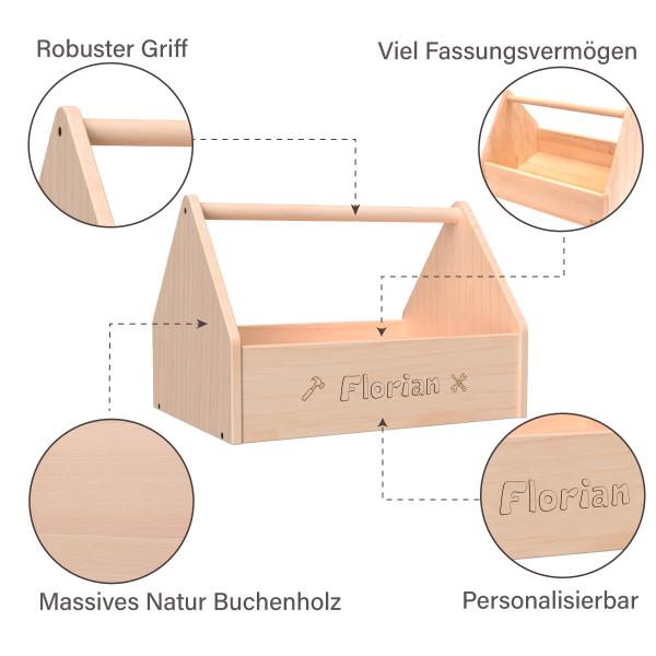 Kinder Werkzeugkasten aus Holz - mit Features - Haltegriff, Stauraum, Natur Buchenholz, personalisierbar Kinder Werkzeugkasten aus Holz - mit Features - Haltegriff, Stauraum, Natur Buchenholz, personalisierbar