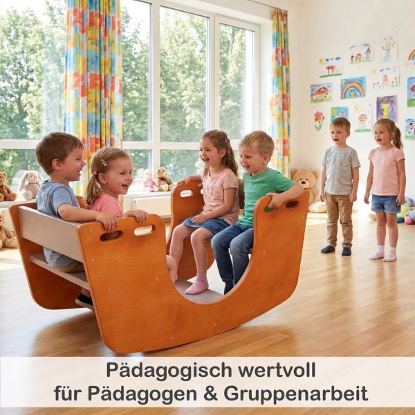 Kinder spielen gemeinsam auf Holz Wippe im Kindergarten fördert soziale Entwicklung