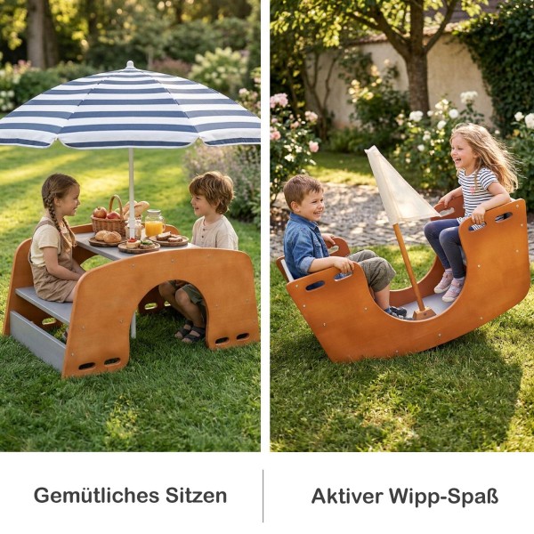 Kinder sitzen gemütlich und wippen aktiv auf Holz Wippe im Garten