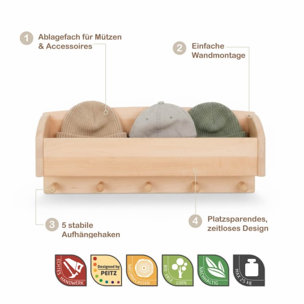Kindergarderobe Holz. Infografik im Studio, zeigt 5 Haken, Ablagefach und abgerundete Kanten zur Sicherheit des Kindes. Kindergarderobe Holz. Infografik im Studio, zeigt 5 Haken, Ablagefach und abgerundete Kanten zur Sicherheit des Kindes.