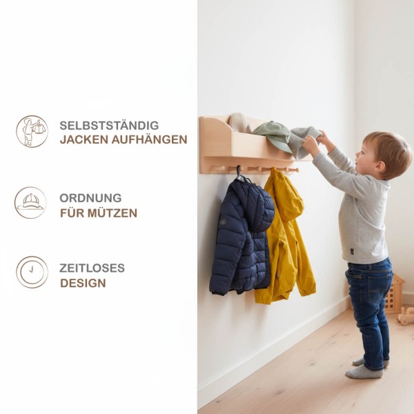 Kind hängt Jacke an Montessori Garderobe aus Erlenholz, Infografik mit Vorteilen Ordnung Sicherheit Nachhaltigkeit.