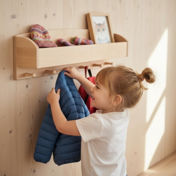 Kindergarderobe Holz. Kind hängt selbstständig seine Jacke an die Garderobe, die Ablage ist mit Dekoration gefüllt.