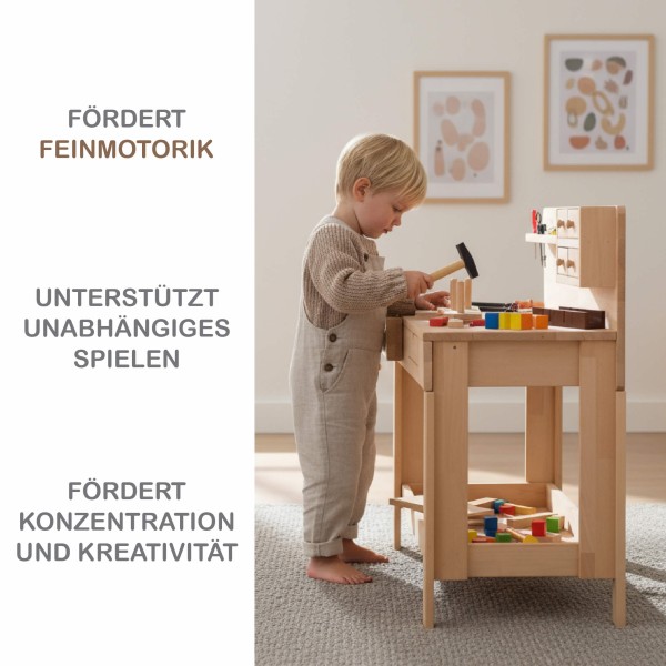 Kinderhobelbank aus Holz mit Infografik zu pädagogischen Vorteilen – Kind spielt konzentriert, zeigt Feinmotorik und Kreativität.