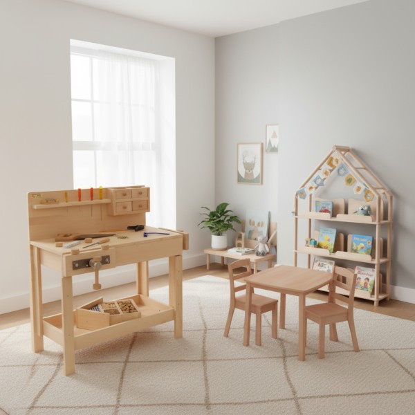 Kinderhobelbank aus Holz im Kinderzimmer