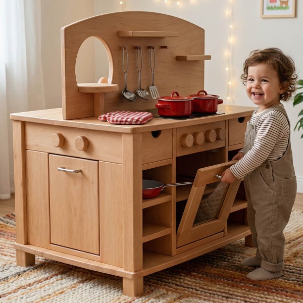 Kita-Kinderküche Cinderella Holz mit vielen Funktionen – Spielküche aus Echtholz mit Backofen und Stauraum