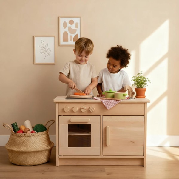 Kinderküche für Kindergarten - Zwei Kleinkinder kochen gemeinsam Kinderküche für Kindergarten - Zwei Kleinkinder kochen gemeinsam
