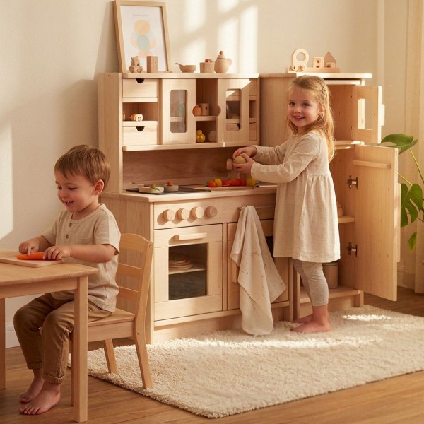 Kinder spielen an der Kinderküche Hänsel Set mit Backofen, Schrank und Arbeitsplatte aus Holz.