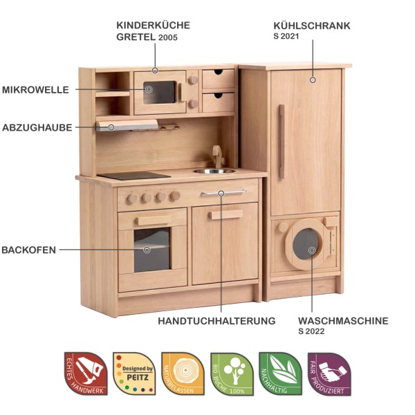 Kinderküche Gretel Set aus Holz mit Mikrowelle, Backofen, Waschmaschine, Abzugshaube und Küchenschrank.