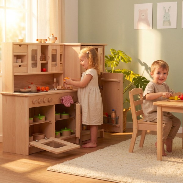 wei Kinder spielen an der Kinderküche Hänsel Set mit Schrank, Arbeitsfläche und Stauraum.