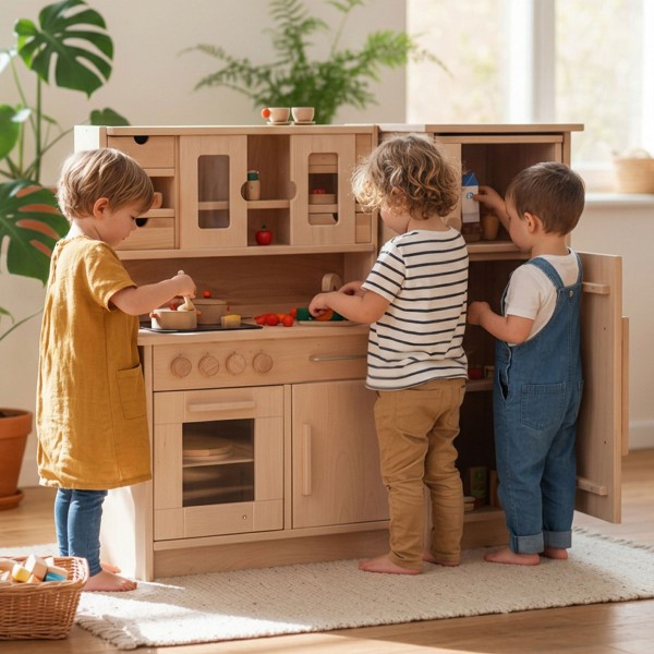 Kinder spielen an der Kinderküche Hänsel Set mit Herd, Arbeitsfläche und Holz Küchenset Funktionen.