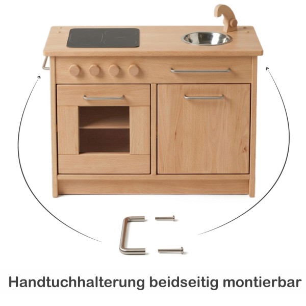 Kinderküche aus Holz mit beidseitig montierbarer Handtuchhalterung – flexible Montage links oder rechts an der Spielküche möglich