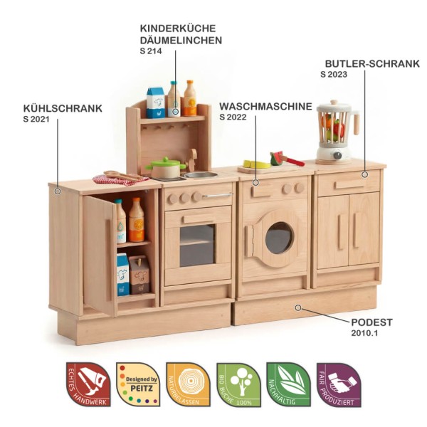 Kinderküche aus Holz mit Herd, Spüle und Backofen, realistische Funktionen für fantasievolles Rollenspiel