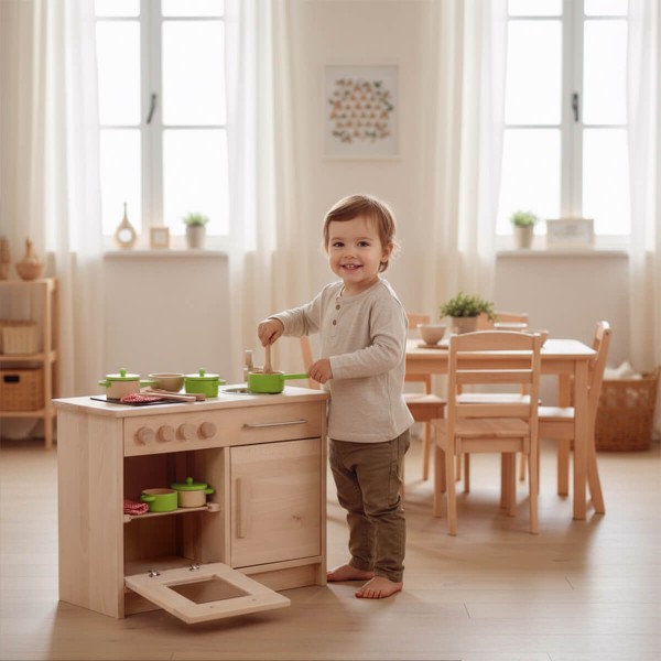 Spielküche - Kleinkind spielt mit Kinderküche Spielküche - Kleinkind spielt mit Kinderküche
