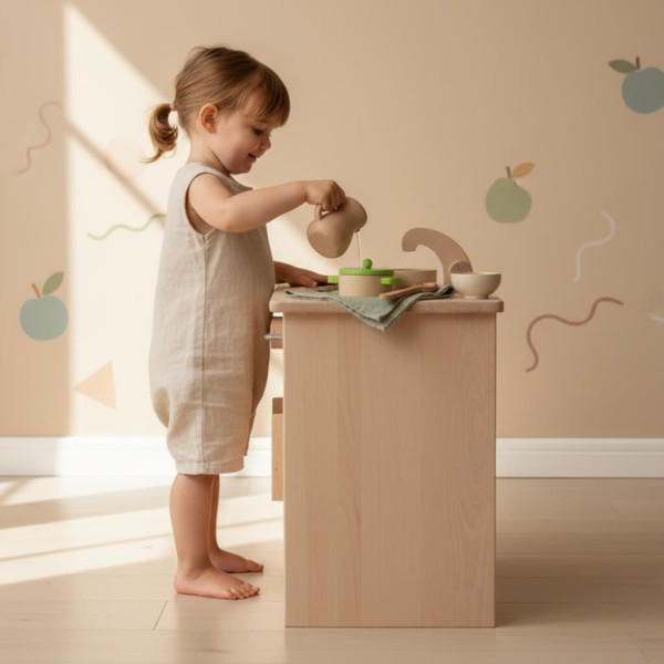 Kinderküche Kita Montessori aus Holz - Kleinkind Mädchen schüttet Wasser in das Waschbecken Kinderküche Kita Montessori aus Holz - Kleinkind Mädchen schüttet Wasser in das Waschbecken