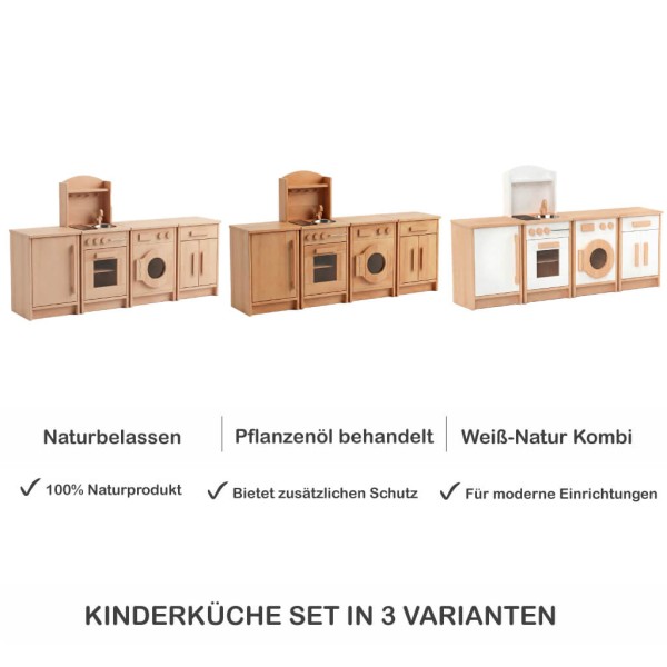 Kinderküche Set aus Holz in drei Varianten: naturbelassen, geölt mit Pflanzenöl und Weiß-Natur Kombination