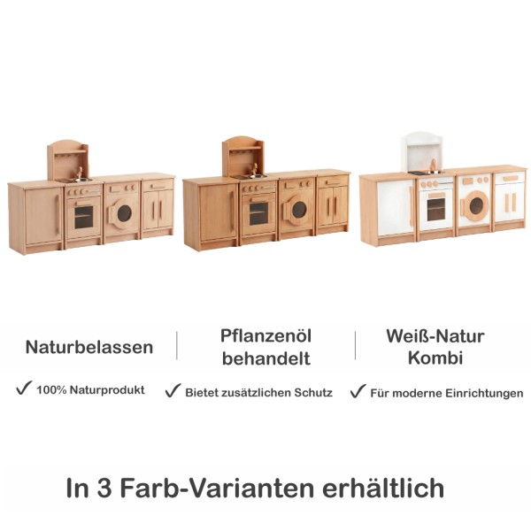 Kinderküche Set aus Holz in drei Varianten: naturbelassen, geölt mit Pflanzenöl und Weiß-Natur Kombination