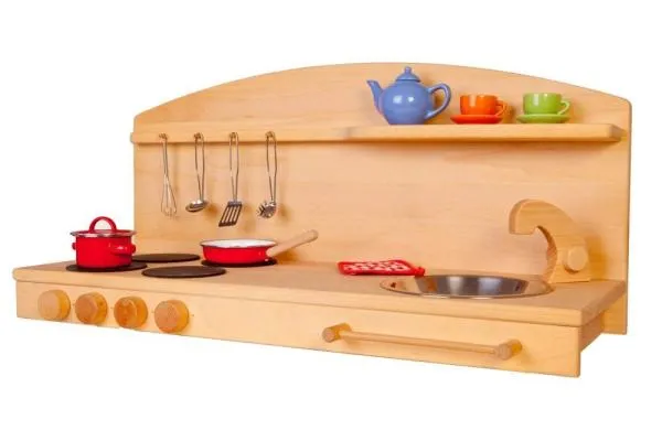 Kinder-Tisch-Küche aus massivem Erlenholz -pädagogisch wertvolles spielen und platzsparend zum Aufbau auf einem Tisch oder in einem Spielständer