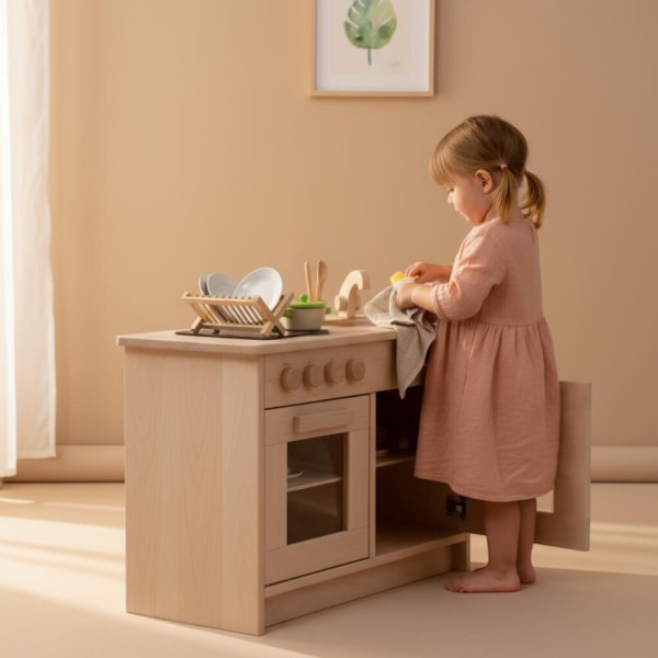 Kinderküche u3 für Kita - Mädchen spült Geschirr ab Kinderküche u3 für Kita - Mädchen spült Geschirr ab