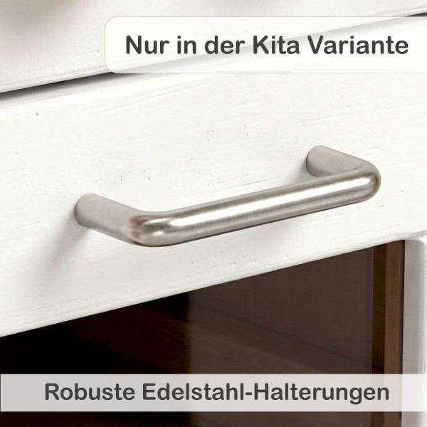 Kita-Kinderküche Cinderella weiß mit robusten Edelstahl-Halterungen – hochwertige Spielküche Vollholz mit echten Funktionen