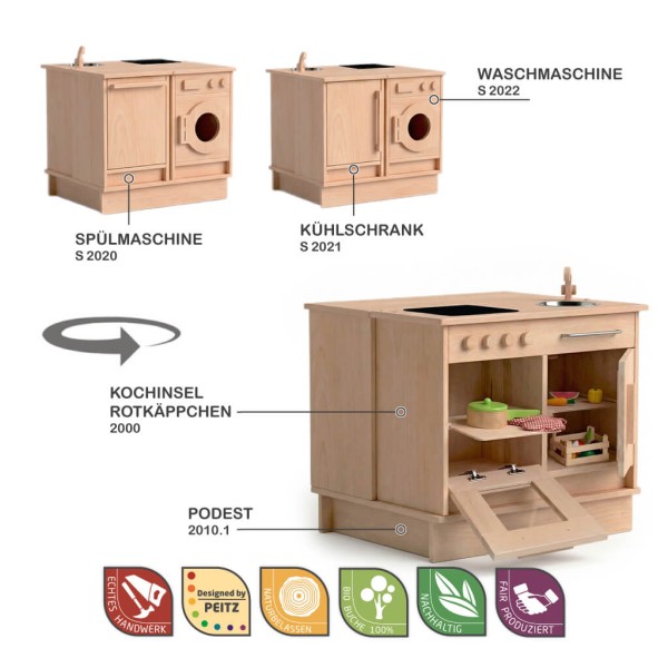 Kinderküche aus Holz mit Herd, Spüle und Backofen, realistische Funktionen für fantasievolles Rollenspiel