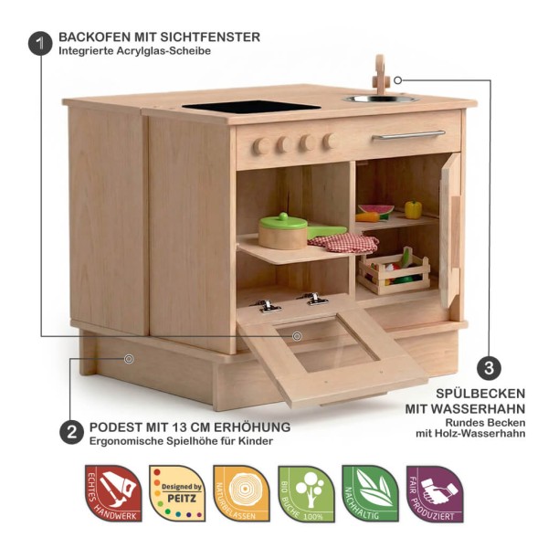Kinderküche aus Holz mit Herd, Spüle und Backofen, realistische Funktionen für fantasievolles Rollenspiel