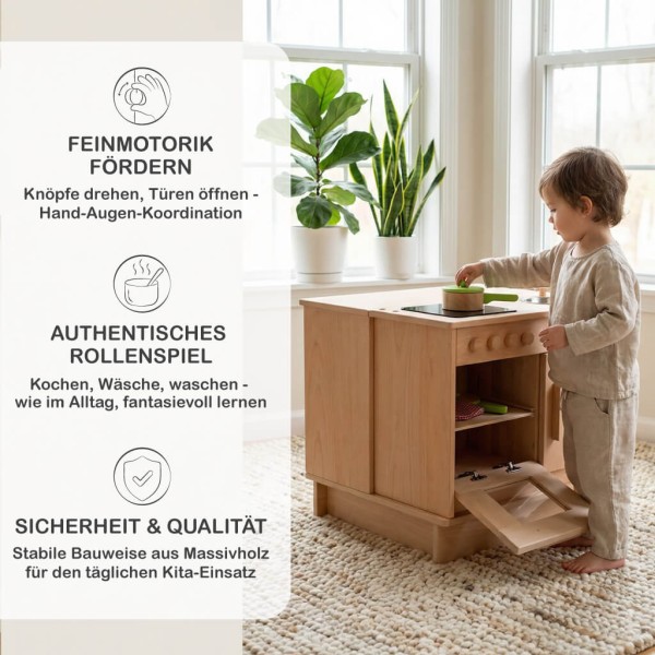 Pädagogische Kinderküchenzeile aus Holz unterstützt Kreativität, Motorik und soziales Rollenspiel im Alltag