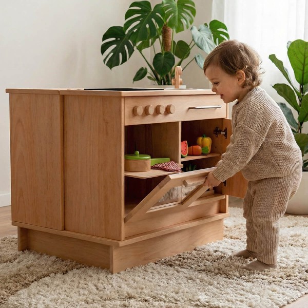 Kind spielt an einer Montessori Kinderküchenzeile aus Holz, fördert Rollenspiel und Selbstständigkeit