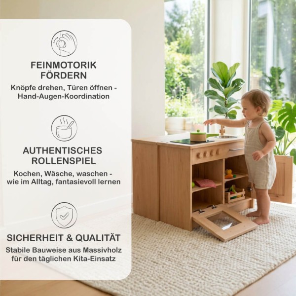 Pädagogische Kinderküchenzeile aus Holz unterstützt Kreativität, Motorik und soziales Rollenspiel im Alltag