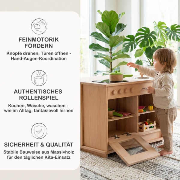 Pädagogische Kinderküchenzeile aus Holz unterstützt Kreativität, Motorik und soziales Rollenspiel im Alltag
