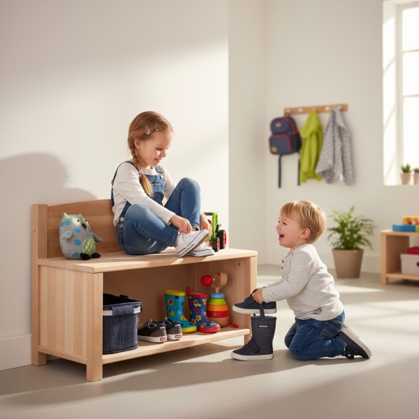 Kindersitzbank Garderobe. Zwei Kinder spielen an der Holz-Sitzbank mit Schuhfach in einem hellen, Scandi-inspirierten Kinderzimmer.