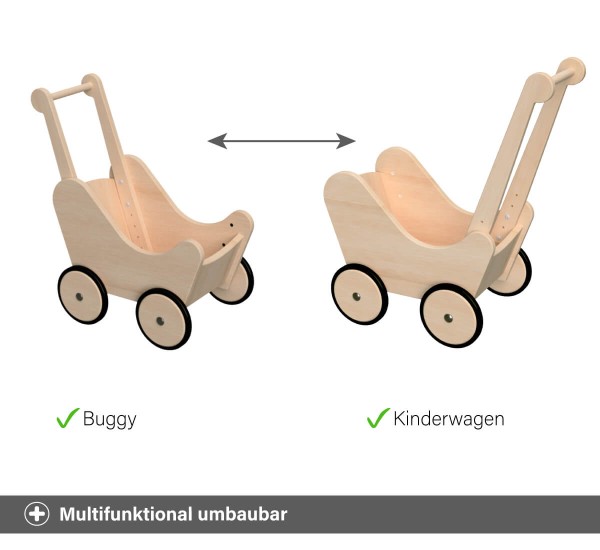 Multifunktional als Puppenwagen oder Lauflernwagen Buggy - Griff an beiden Seiten befestigbar Multifunktional als Puppenwagen oder Lauflernwagen Buggy - Griff an beiden Seiten befestigbar