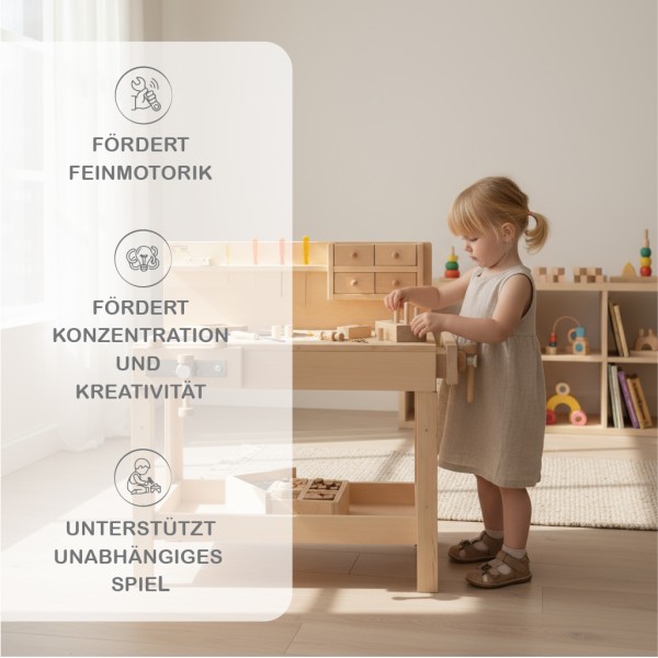 Kinderhobelbank aus Holz mit Infografik zu pädagogischen Vorteilen – Kind spielt konzentriert, zeigt Feinmotorik und Kreativität.